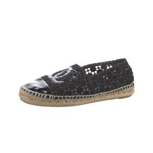 100% Authentic Chanel Black Lace Vacation CC Logo Slip on Espadrilles Size 8.5